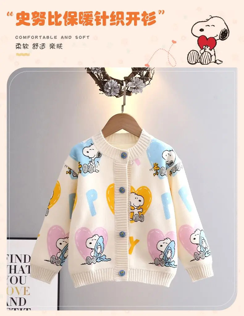 Peanuts Snoopy spring and autumn long-sleeved cartoon love printed thickened knitted cardigan children's casual all-match top