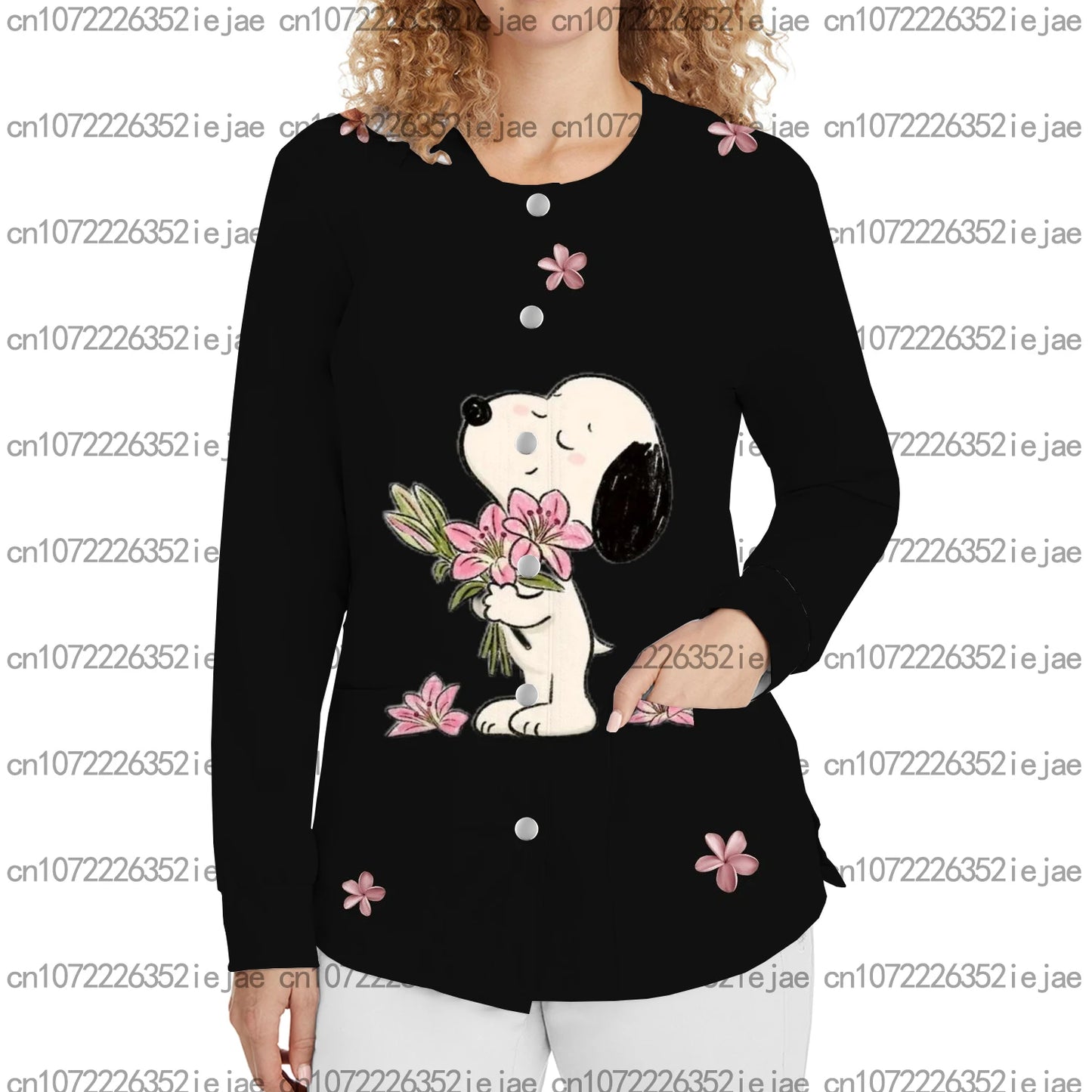 Snoopy Printed Long Sleeve Nurse Uniform Dental Beauty Salon Pet Shop Women's Pocket Snap Button Warm Surgical Gown Jacket