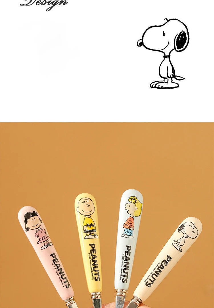 Animation Cartoon Snoopy Stainless Steel Spoon Ceramic Handled Spoon Fork Kawaii Children's Baby Tableware Cute Fruit Fork