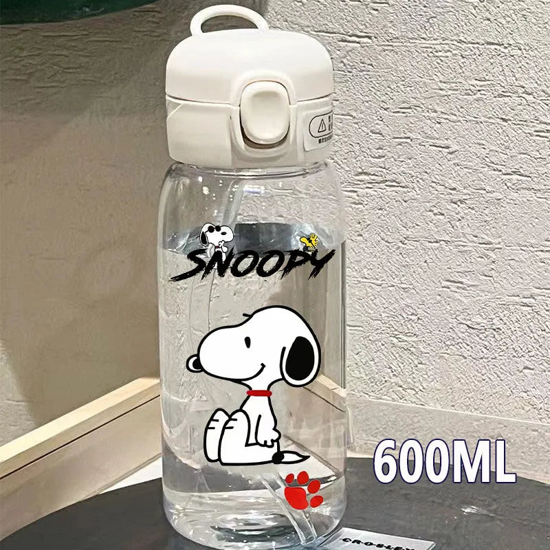 Snoopy Straw Bottles 600ml/400ML Transparent Plastic Anti Drop Water Bottle Children Students Charlie Browns Outdoor Capacity