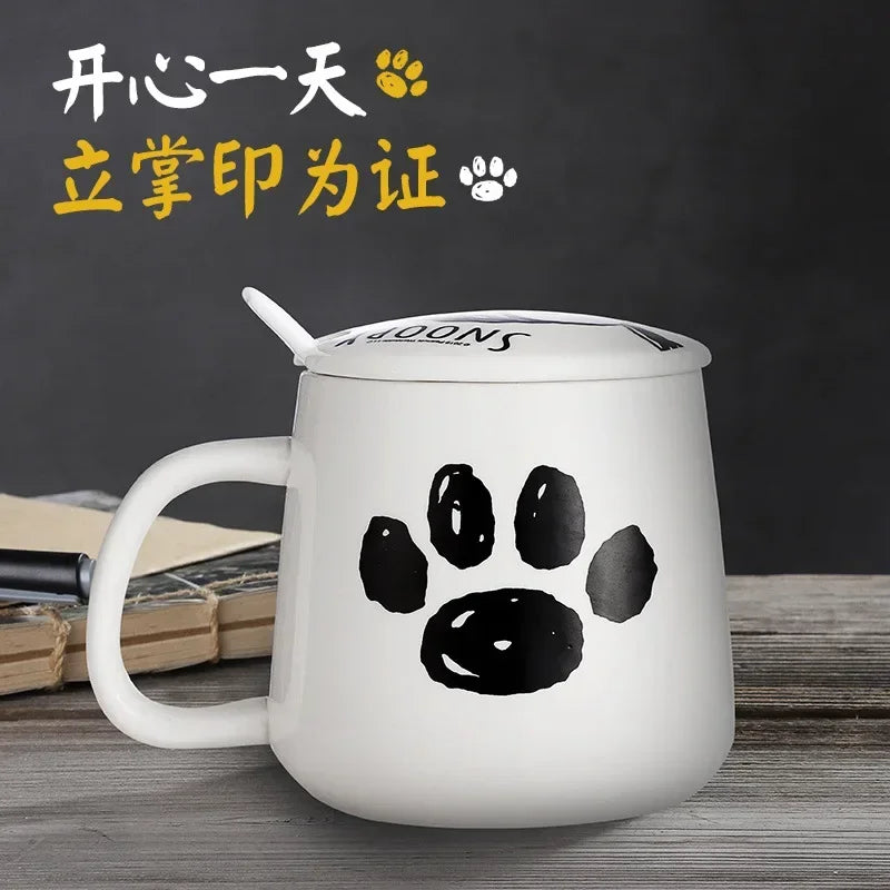 Black and White Snoopy Ceramic Mug With Cover Spoon