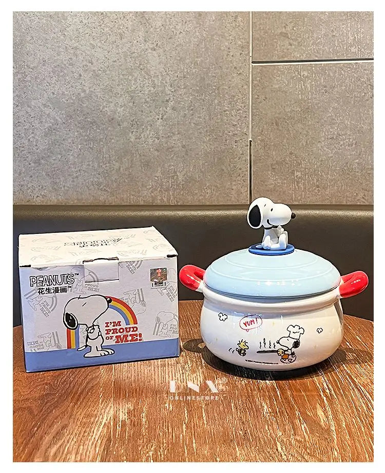 Peanuts Character Peripherals Snoopy New Ceramic Instant Noodle Bowl With Lid And Handle Student Dormitory Bowl Children'S Gift
