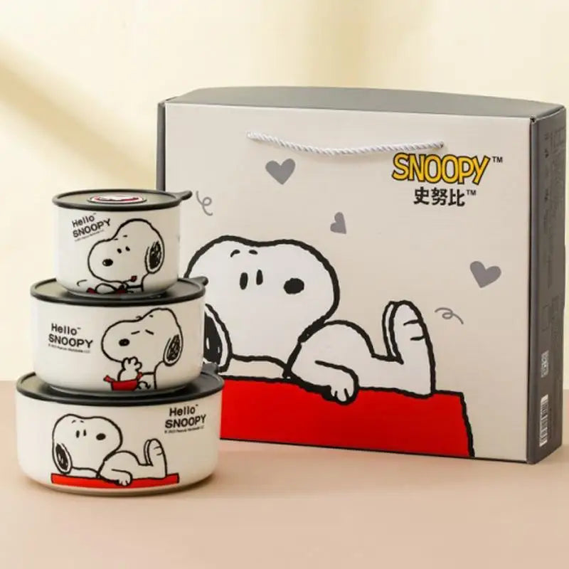 Snoopy Ceramic Bowl Set Three Piece Lid Snoopy Luch Box