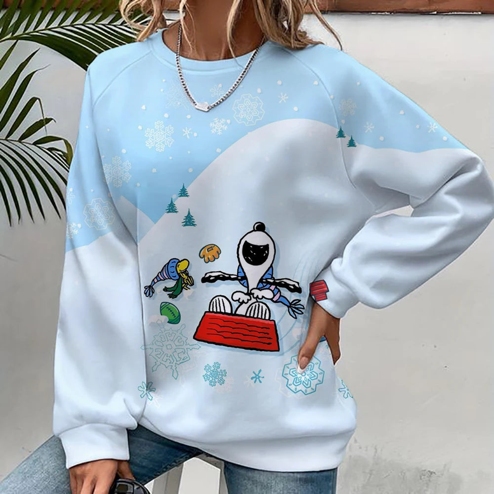 2024 autumn/winter new 3D printed women's Snoopy cartoon Christmas round neck pullover for women's street parties