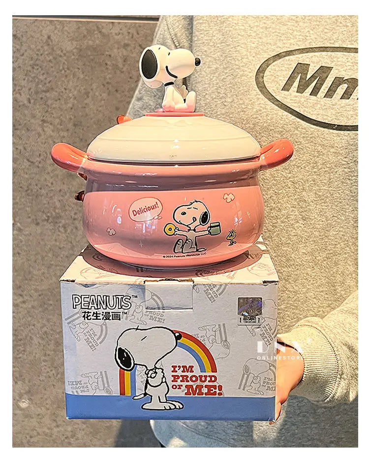 Peanuts Character Peripherals Snoopy New Ceramic Instant Noodle Bowl With Lid And Handle Student Dormitory Bowl Children'S Gift