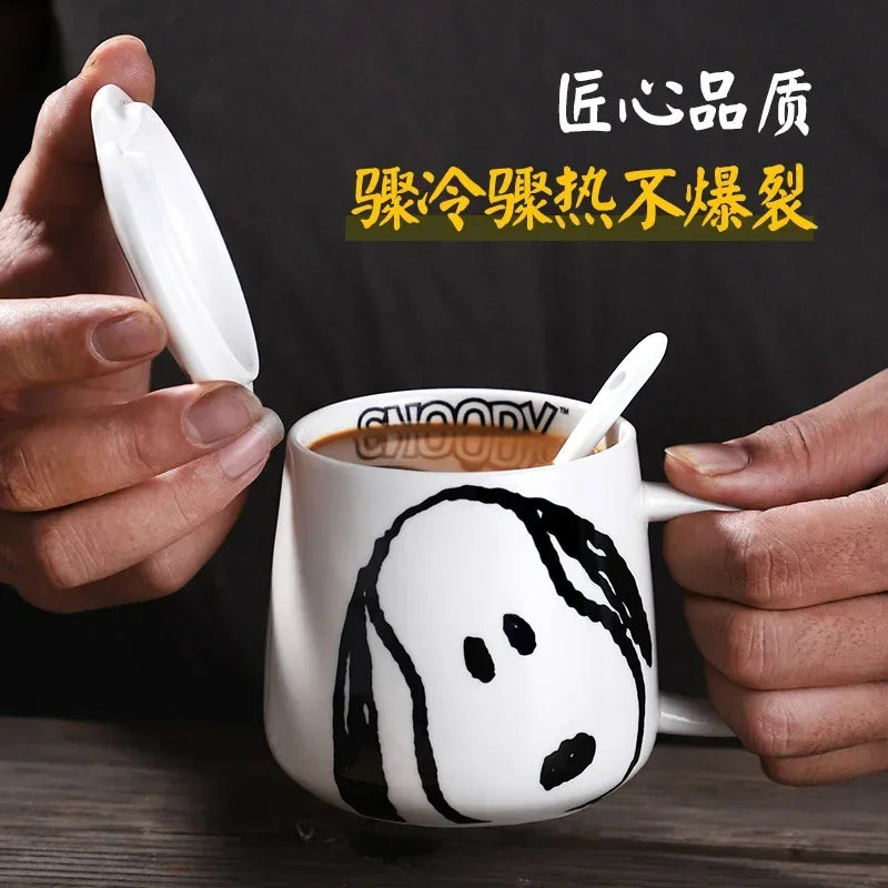 Black and White Snoopy Ceramic Mug With Cover Spoon