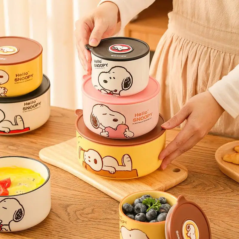 Snoopy Ceramic Bowl Set Three Piece Lid Snoopy Luch Box