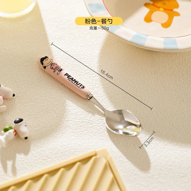 Animation Cartoon Snoopy Stainless Steel Spoon Ceramic Handled Spoon Fork Kawaii Children's Baby Tableware Cute Fruit Fork
