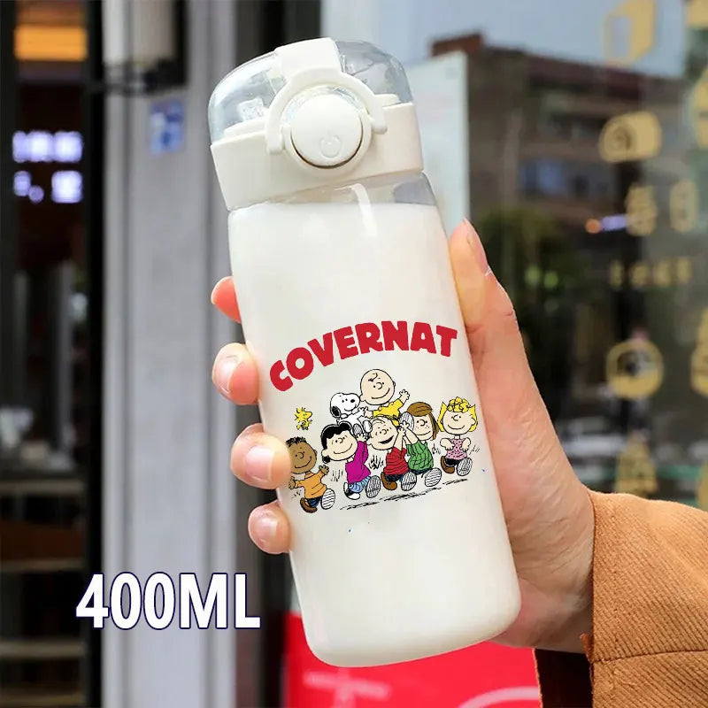 Snoopy Straw Bottles 600ml/400ML Transparent Plastic Anti Drop Water Bottle Children Students Charlie Browns Outdoor Capacity