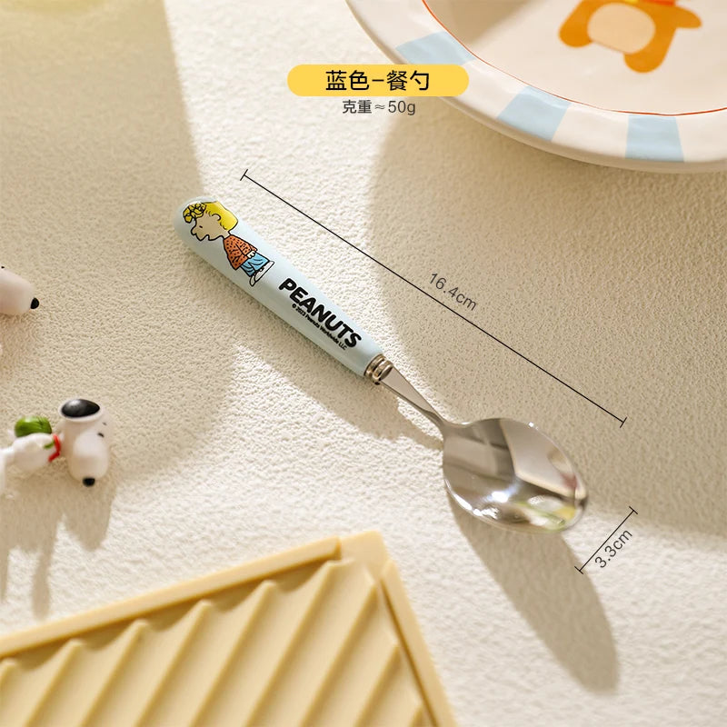 Animation Cartoon Snoopy Stainless Steel Spoon Ceramic Handled Spoon Fork Kawaii Children's Baby Tableware Cute Fruit Fork
