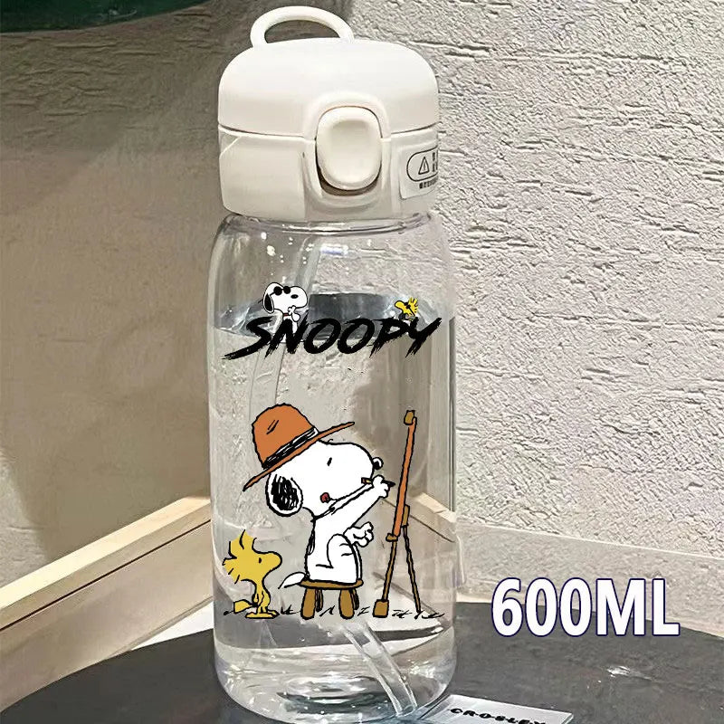 Snoopy Straw Bottles 600ml/400ML Transparent Plastic Anti Drop Water Bottle Children Students Charlie Browns Outdoor Capacity