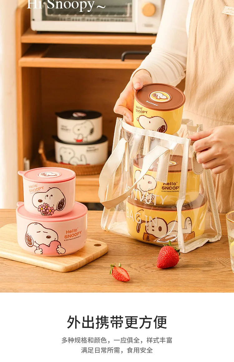 Snoopy Ceramic Bowl Set Three Piece Lid Snoopy Luch Box