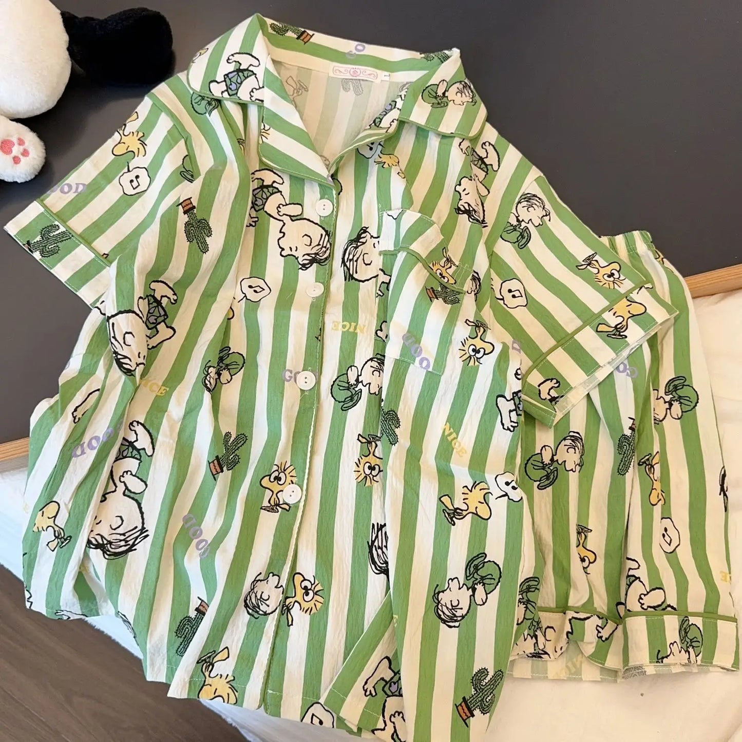 Striped Snoopy Charlie sleepwear women's summer new short sleeved ins wind Japanese sweet student home clothes for outdoor wear