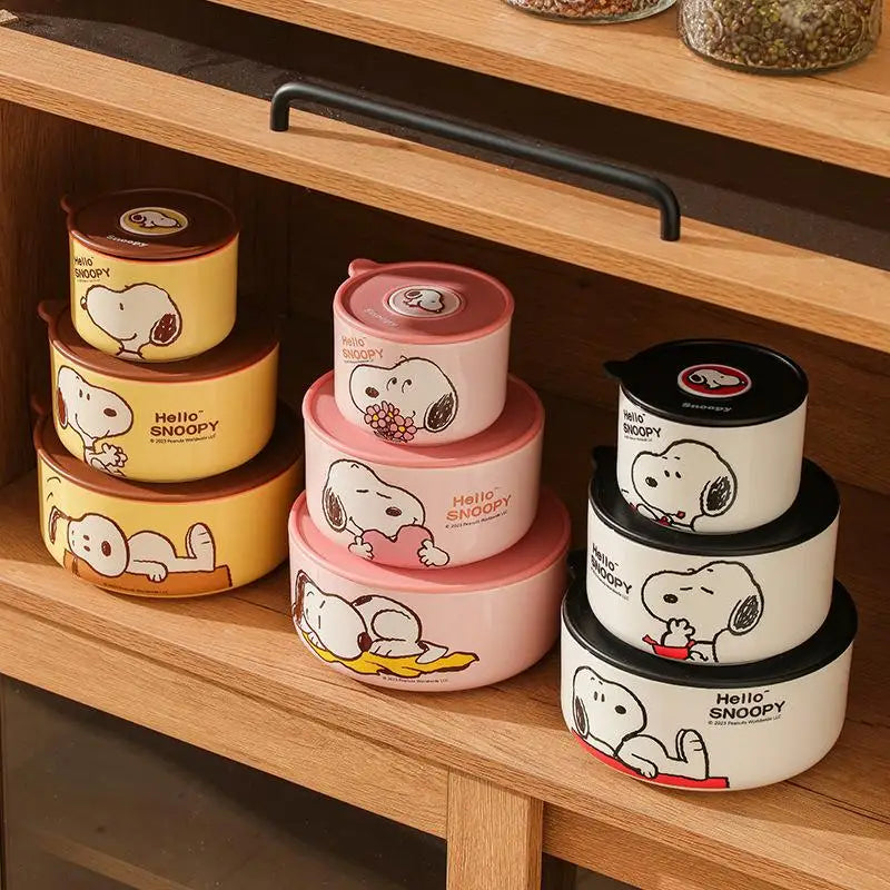 Snoopy Ceramic Bowl Set Three Piece Lid Snoopy Luch Box