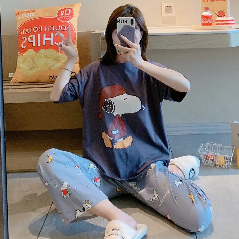 Pajama Set Short Sleeve Pants Loose Fit Snoopy Shirt