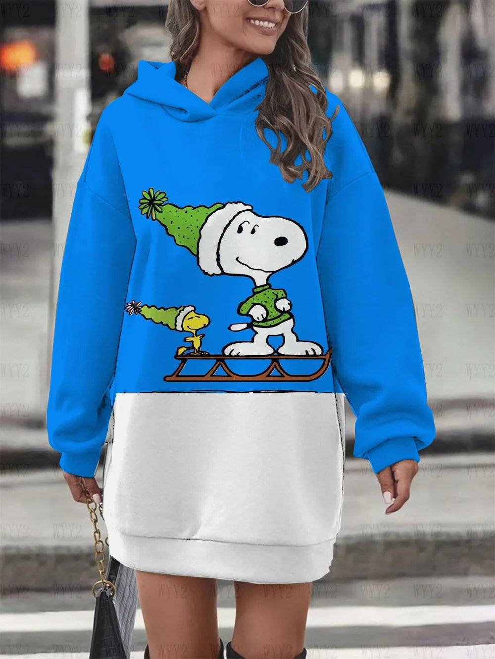 Christmas Print Hooded Black Sweatshirt Snoopy Hoodie