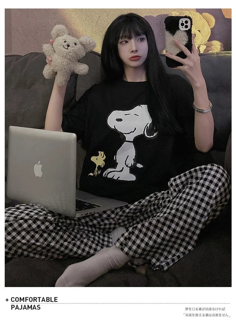 Pajama Set Short Sleeve Pants Loose Fit Snoopy Shirt