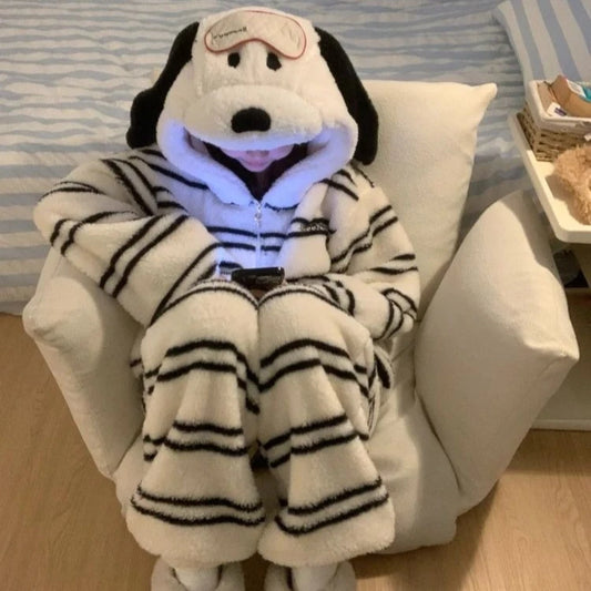 2025 New Snoopy Pajamas Halloween Flannel Fashion Kids Adult Hooded Pajamas Kawaii Woolen Anime Cartoon Casual Home Pants Autumn