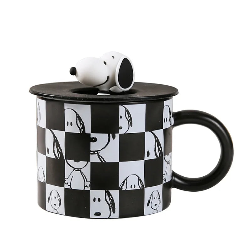 350Ml Black and White Mug With Lid Snoopy Cup