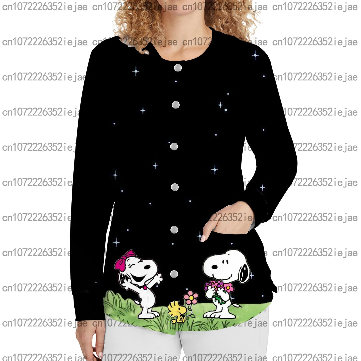 Snoopy Printed Long Sleeve Nurse Uniform Dental Beauty Salon Pet Shop Women's Pocket Snap Button Warm Surgical Gown Jacket