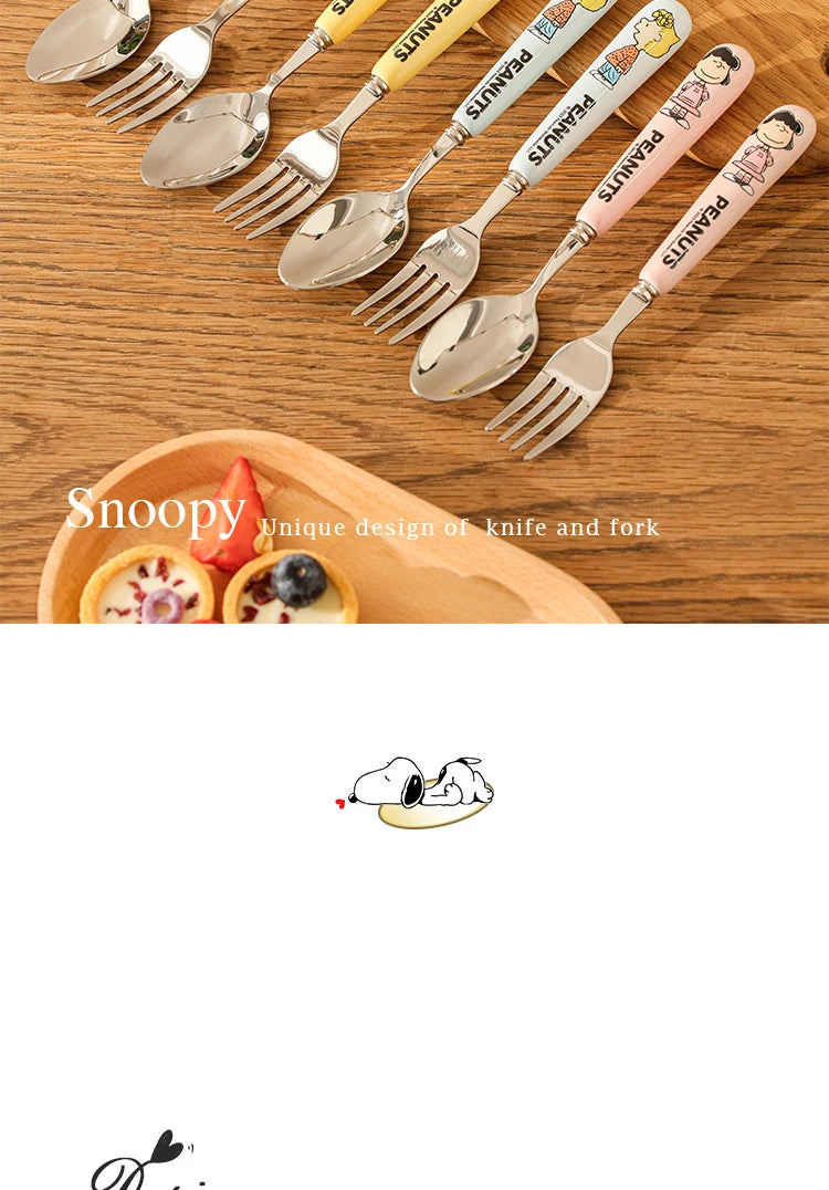 Animation Cartoon Snoopy Stainless Steel Spoon Ceramic Handled Spoon Fork Kawaii Children's Baby Tableware Cute Fruit Fork