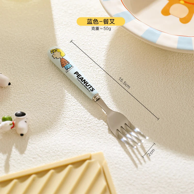 Animation Cartoon Snoopy Stainless Steel Spoon Ceramic Handled Spoon Fork Kawaii Children's Baby Tableware Cute Fruit Fork