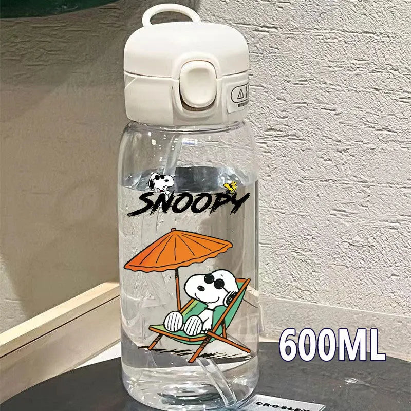 Snoopy Straw Bottles 600ml/400ML Transparent Plastic Anti Drop Water Bottle Children Students Charlie Browns Outdoor Capacity