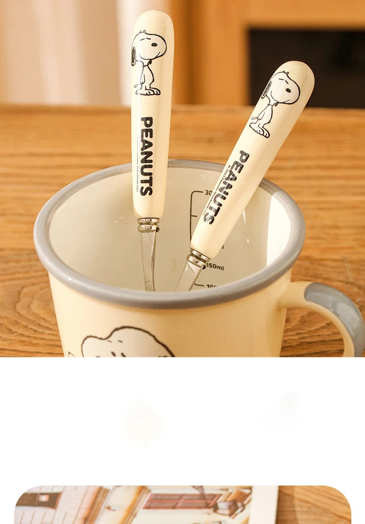 Animation Cartoon Snoopy Stainless Steel Spoon Ceramic Handled Spoon Fork Kawaii Children's Baby Tableware Cute Fruit Fork