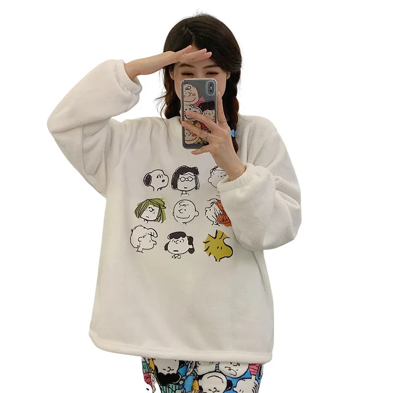Peanuts Flannel Pajamas Coral Fleece Sleeves Snoopy Pyjama