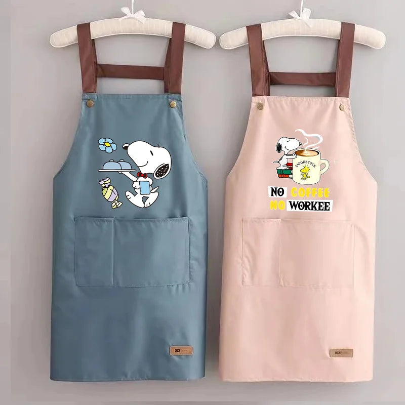 Snoopys Kitchen Apron Waterproof Ladies Men Home Apron Wipeable Oil Resistant Baking Barbecue Restaurant Cafe Aprons Kawaii Gift