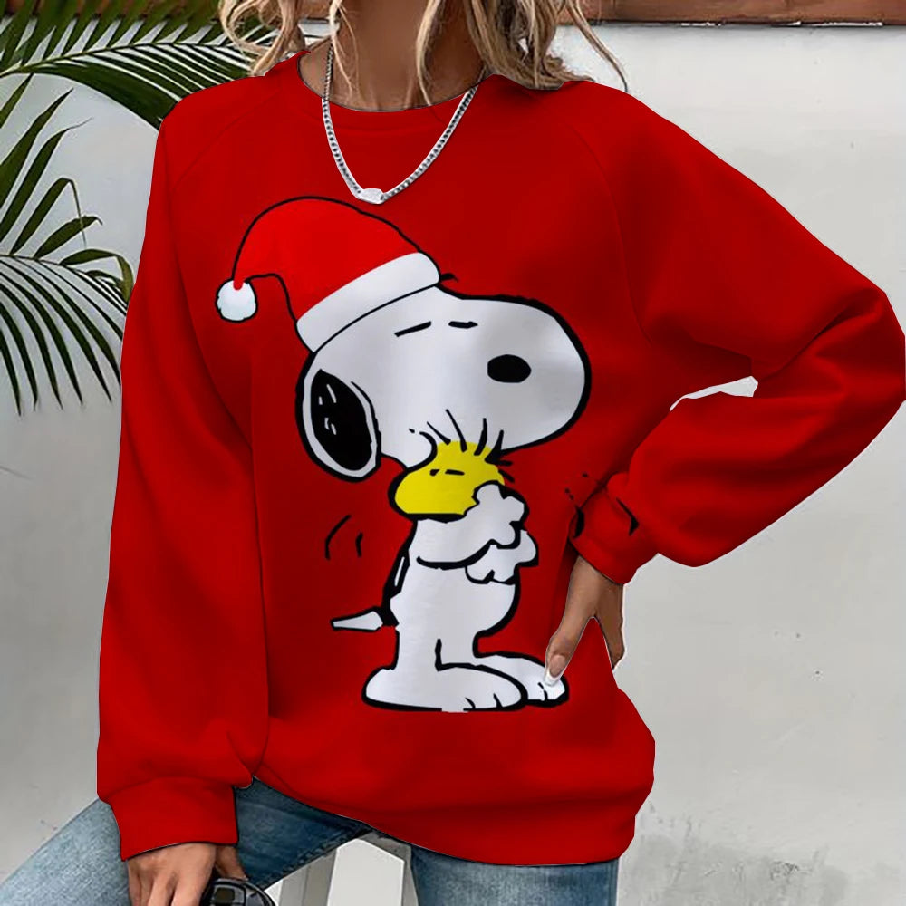2024 autumn/winter new 3D printed women's Snoopy cartoon Christmas round neck pullover for women's street parties