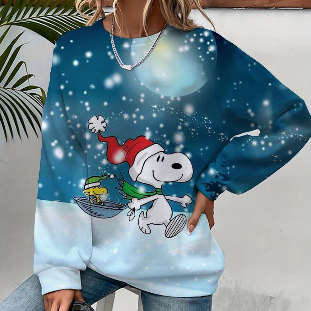 2024 autumn/winter new 3D printed women's Snoopy cartoon Christmas round neck pullover for women's street parties