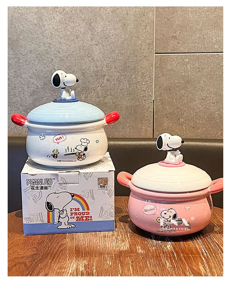 Peanuts Character Peripherals Snoopy New Ceramic Instant Noodle Bowl With Lid And Handle Student Dormitory Bowl Children'S Gift