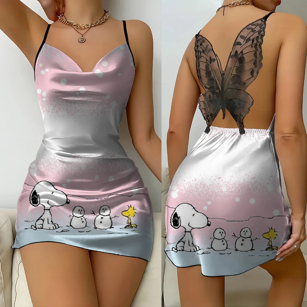 Snoopy Print Summer Women's Pajamas Comfortable Spaghetti Strap Backless Butterfly Lace Suspender Nightgown Luxury Sexy Dress