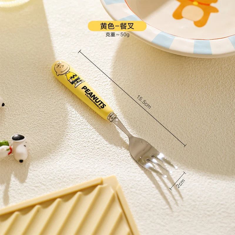 Animation Cartoon Snoopy Stainless Steel Spoon Ceramic Handled Spoon Fork Kawaii Children's Baby Tableware Cute Fruit Fork
