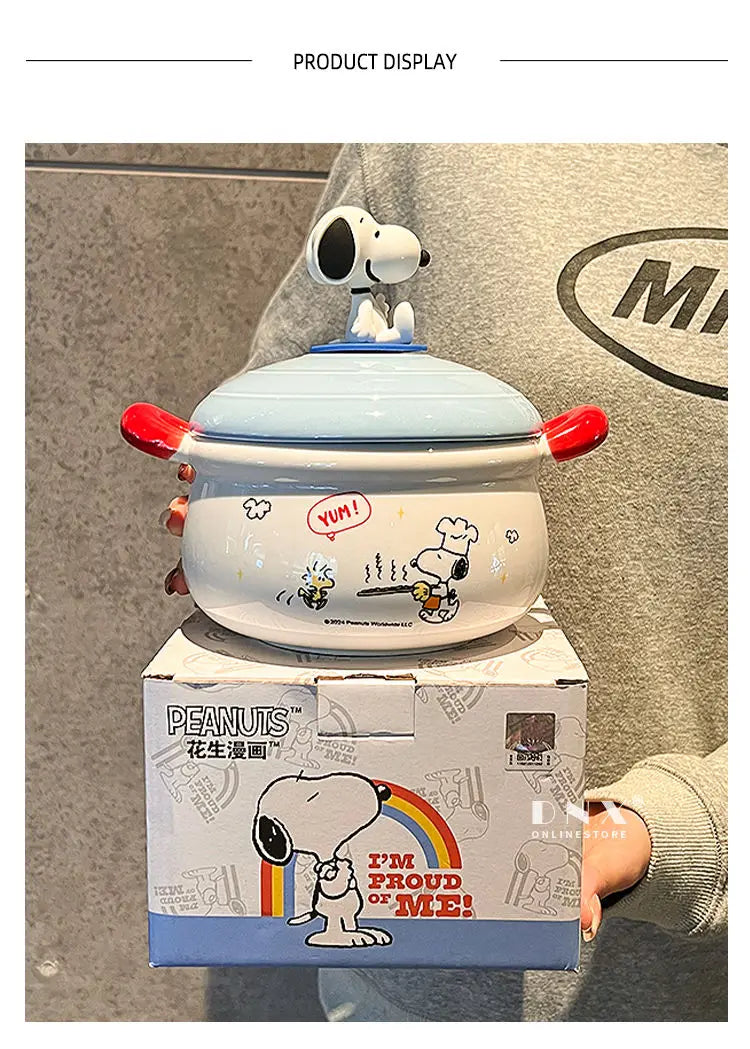 Peanuts Character Peripherals Snoopy New Ceramic Instant Noodle Bowl With Lid And Handle Student Dormitory Bowl Children'S Gift