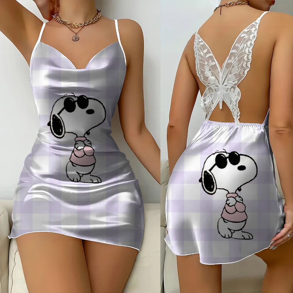 Snoopy Print Summer Women's Pajamas Comfortable Spaghetti Strap Backless Butterfly Lace Suspender Nightgown Luxury Sexy Dress
