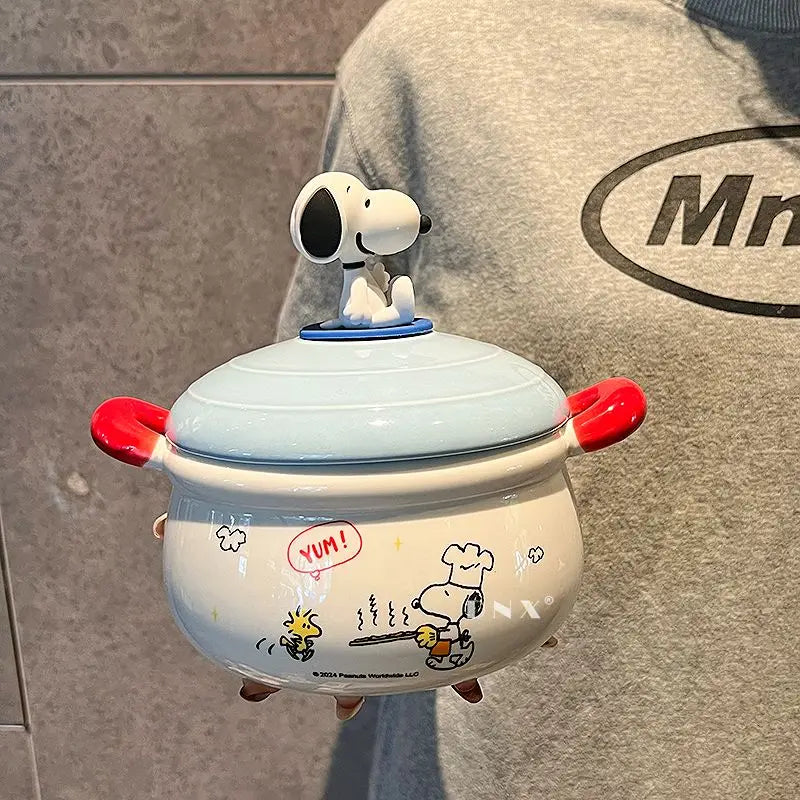 Peanuts Character Peripherals Snoopy New Ceramic Instant Noodle Bowl With Lid And Handle Student Dormitory Bowl Children'S Gift