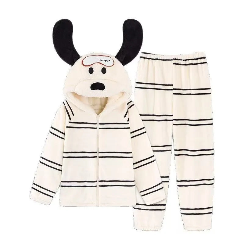 2025 New Snoopy Pajamas Halloween Flannel Fashion Kids Adult Hooded Pajamas Kawaii Woolen Anime Cartoon Casual Home Pants Autumn