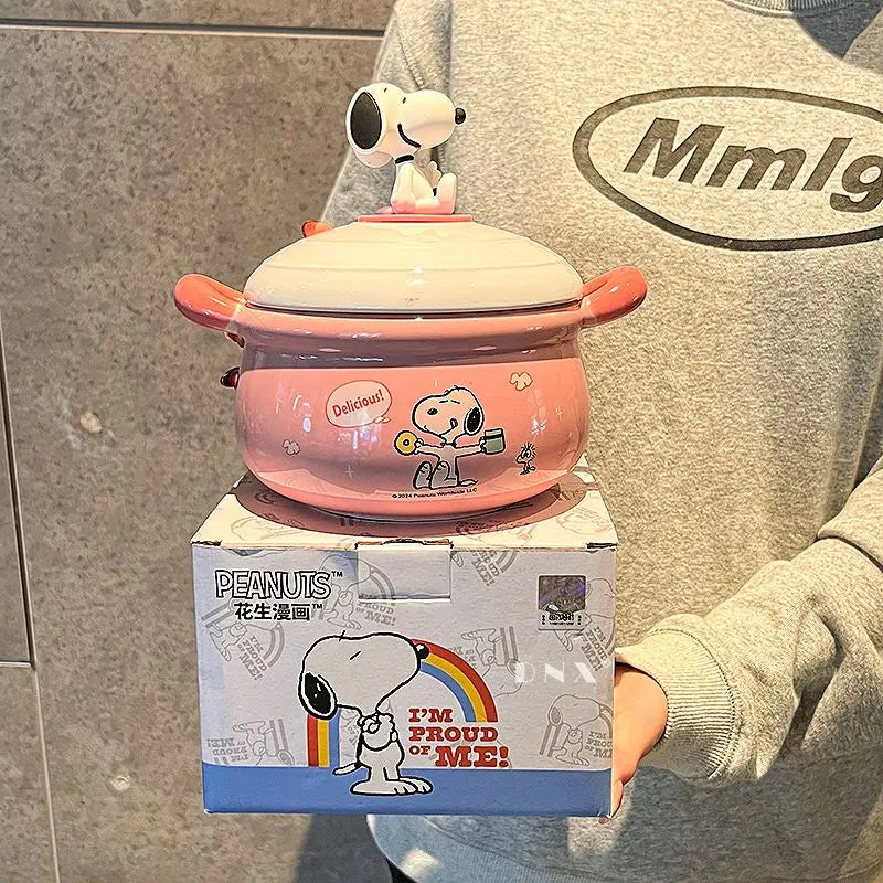 Peanuts Character Peripherals Snoopy New Ceramic Instant Noodle Bowl With Lid And Handle Student Dormitory Bowl Children'S Gift