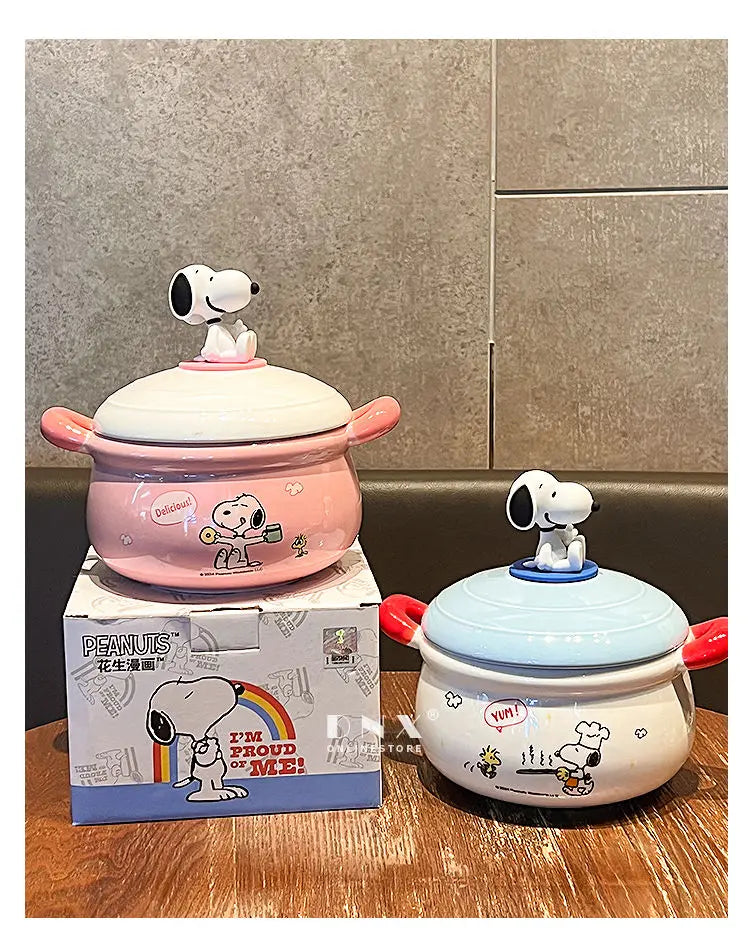Peanuts Character Peripherals Snoopy New Ceramic Instant Noodle Bowl With Lid And Handle Student Dormitory Bowl Children'S Gift