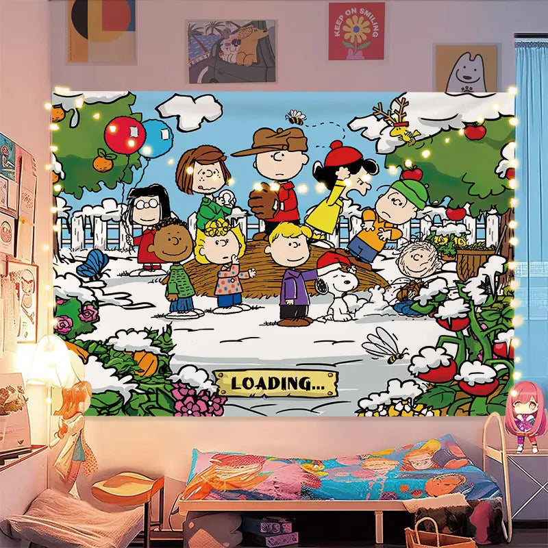 Miniso Snoopy Christmas Tapestry Wall Hanging Decor Kids Adult Bedroom Dorm Background Cloth Healing Style Party Decoration