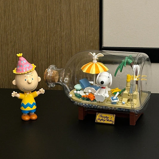 Miniso Snoopy Building Blocks Drifting Bottle Series Desktop Ornaments Collection Model Splicing Children's Toys Birthday Gifts