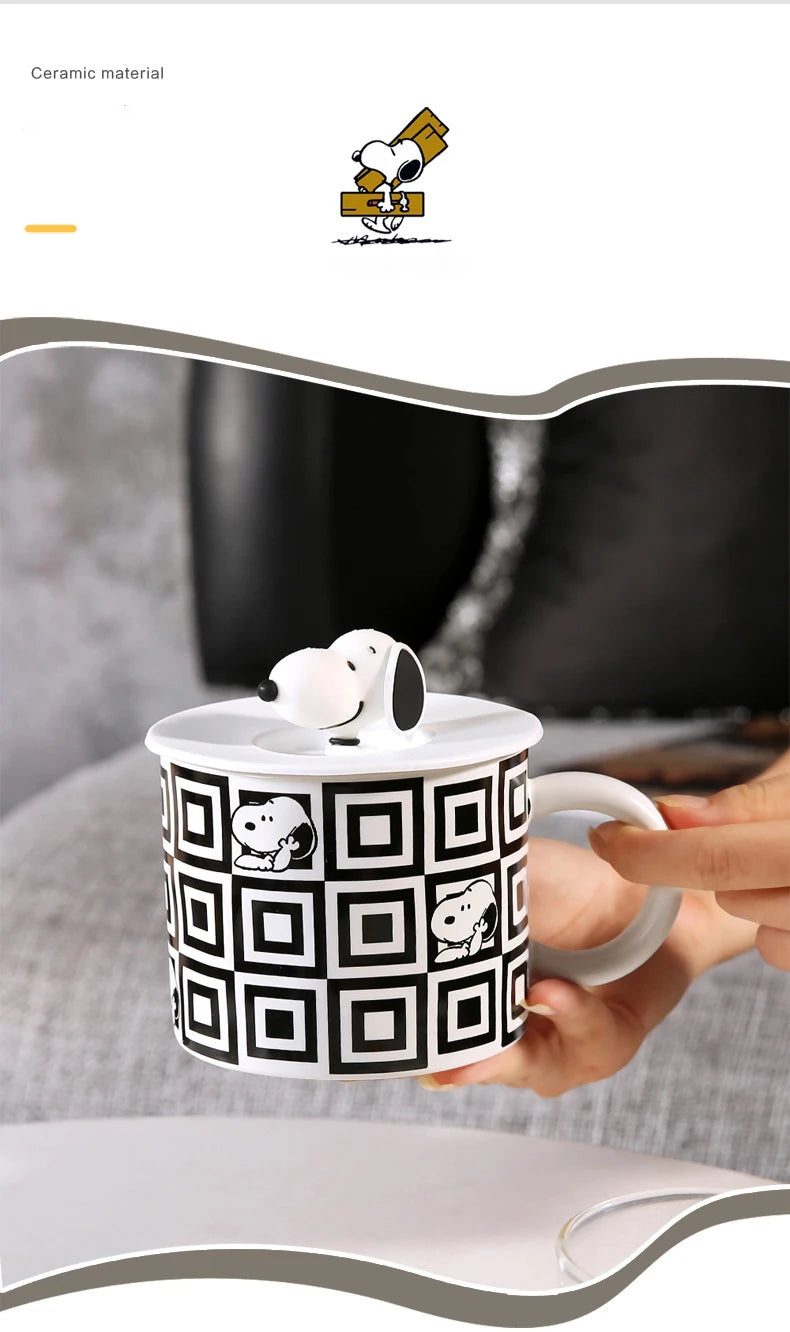 350Ml Black and White Mug With Lid Snoopy Cup
