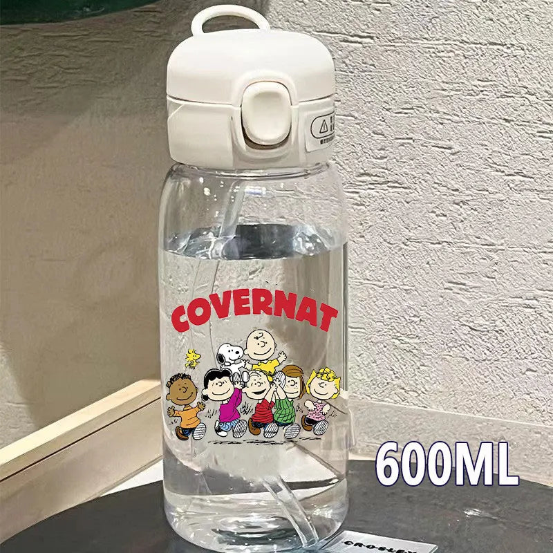 Snoopy Straw Bottles 600ml/400ML Transparent Plastic Anti Drop Water Bottle Children Students Charlie Browns Outdoor Capacity