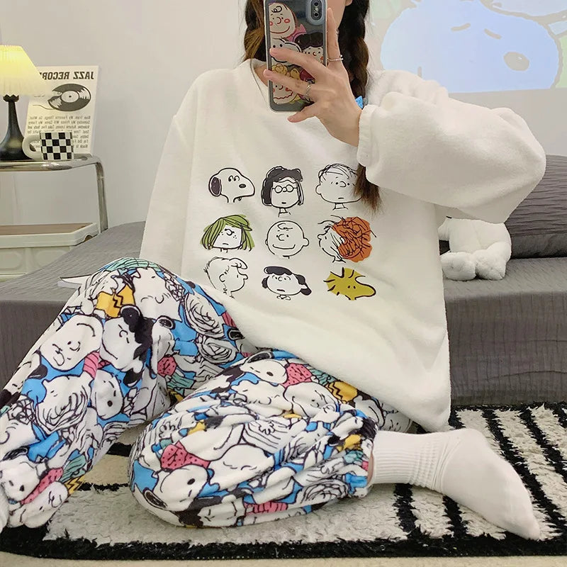 Peanuts Flannel Pajamas Coral Fleece Sleeves Snoopy Pyjama