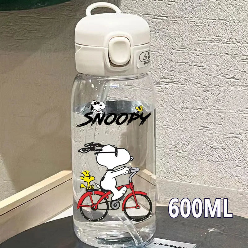 Snoopy Straw Bottles 600ml/400ML Transparent Plastic Anti Drop Water Bottle Children Students Charlie Browns Outdoor Capacity