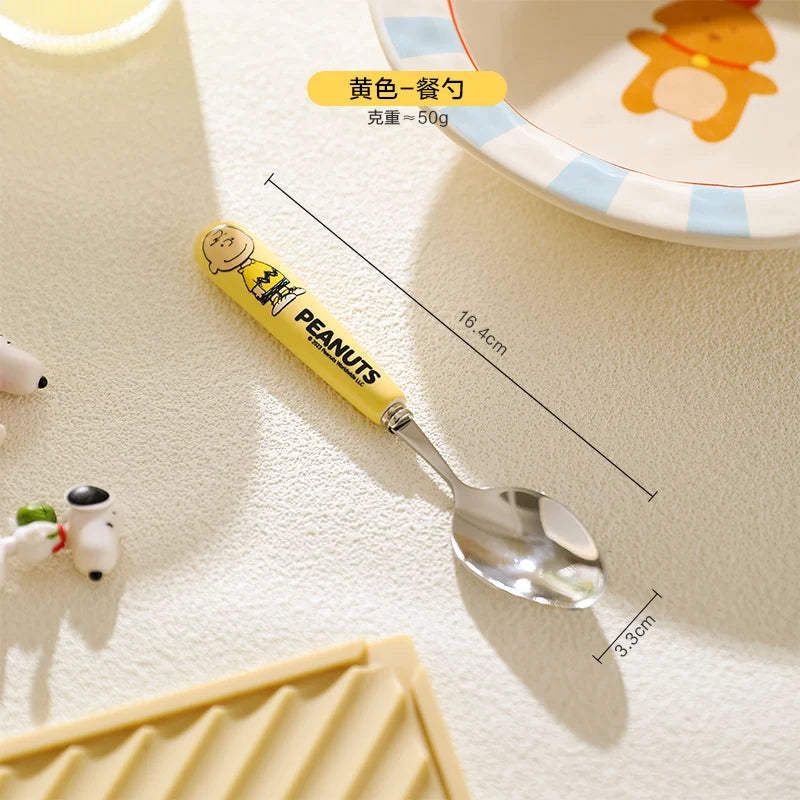Animation Cartoon Snoopy Stainless Steel Spoon Ceramic Handled Spoon Fork Kawaii Children's Baby Tableware Cute Fruit Fork