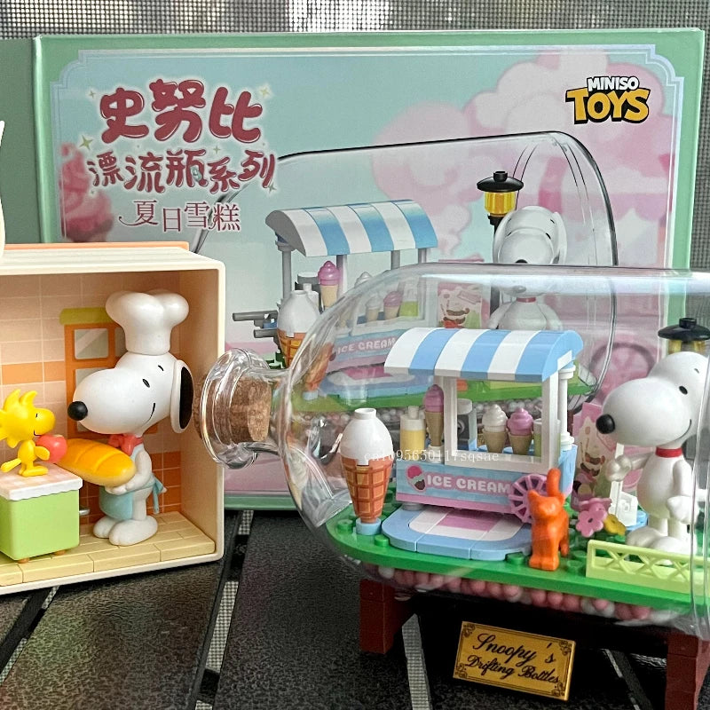 Miniso Snoopy Building Blocks Drifting Bottle Series Desktop Ornaments Collection Model Splicing Children's Toys Birthday Gifts
