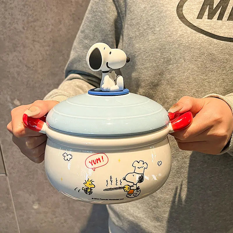 Peanuts Character Peripherals Snoopy New Ceramic Instant Noodle Bowl With Lid And Handle Student Dormitory Bowl Children'S Gift